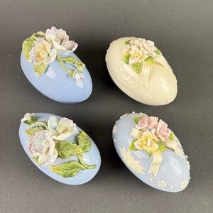 Ceramic  Easter Egg 4" Trinket Box Set of 4 Blue Cream Floral Decor